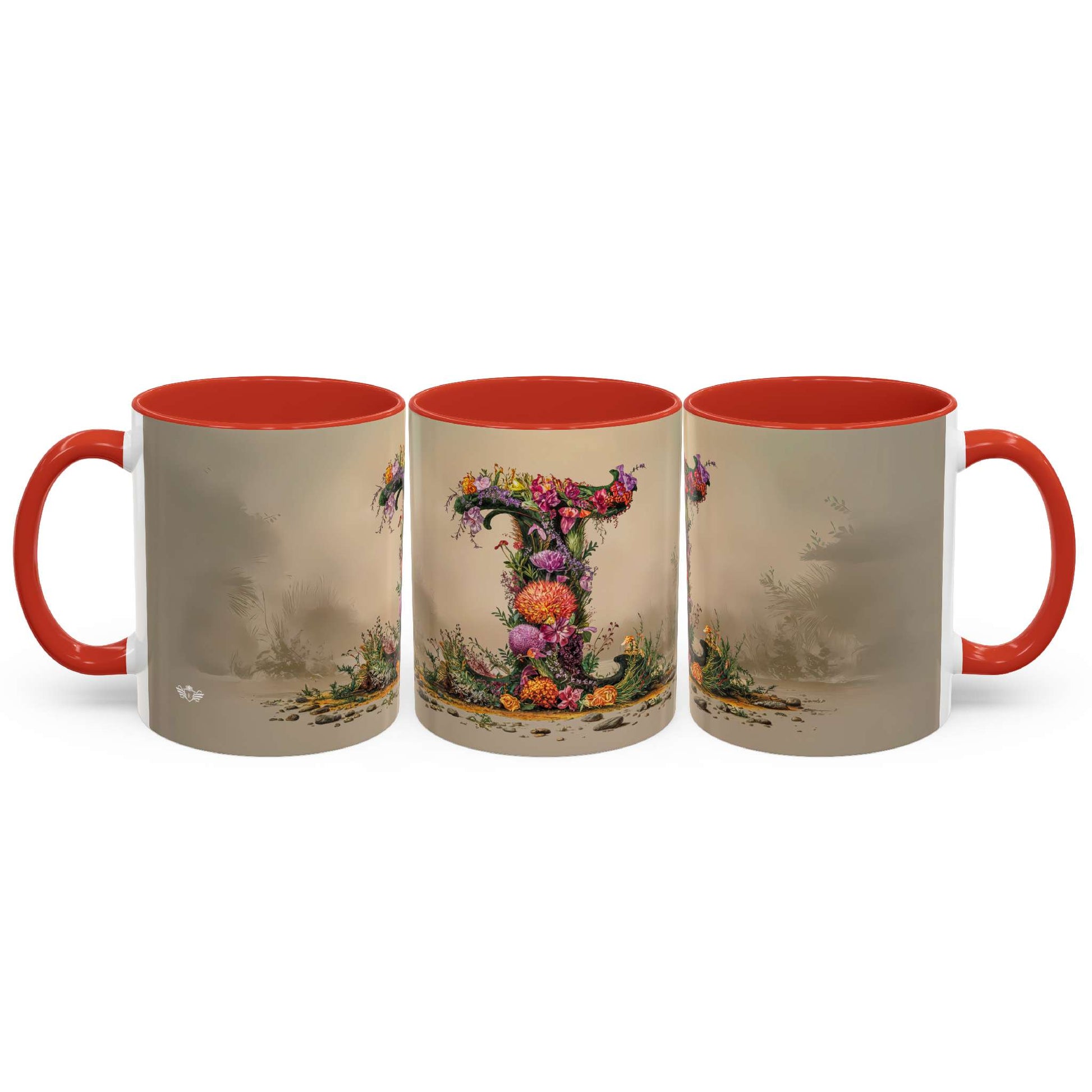 Three mugs with red interior and handle, featuring artistic designs on a beige background.