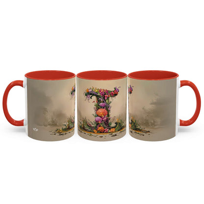 Three mugs with red interior and handle, featuring artistic designs on a beige background.