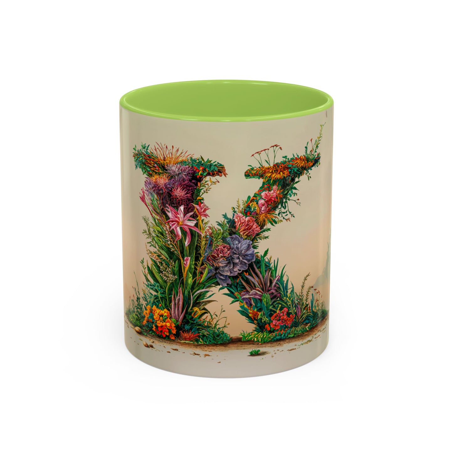 Mug with floral design and green interior on a white background