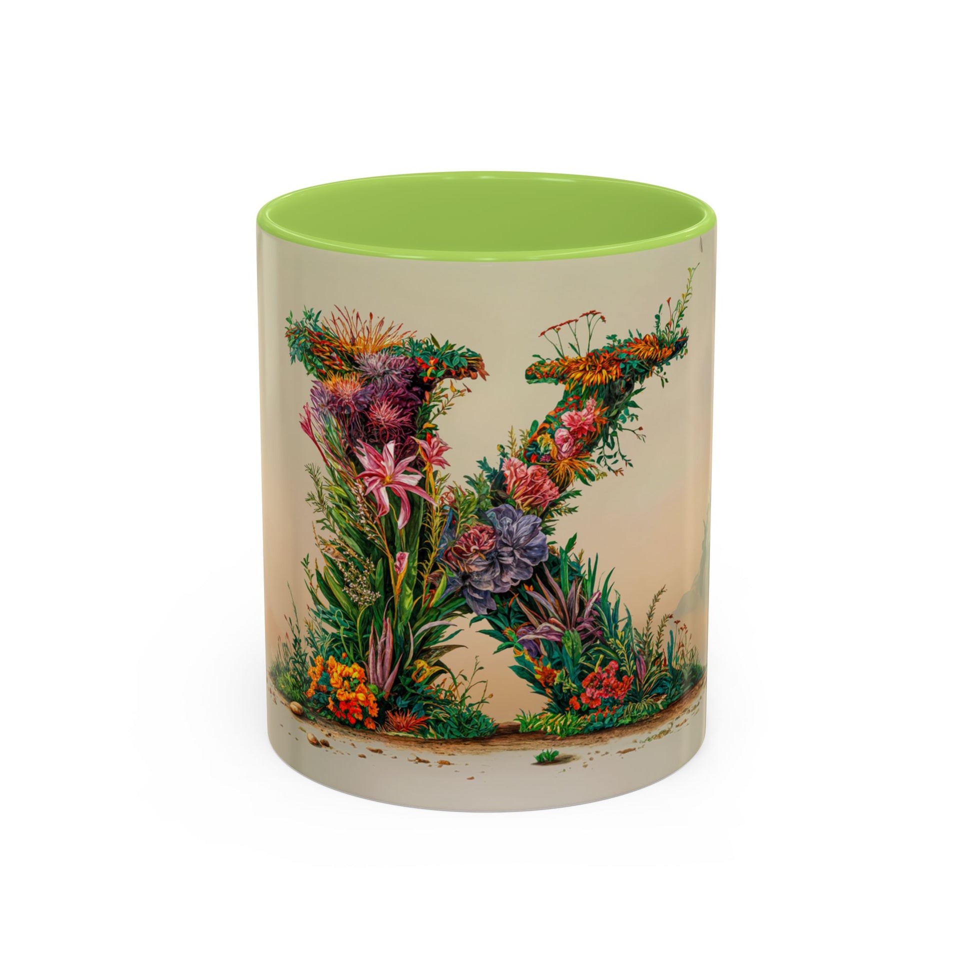 Mug with floral design and green interior on a white background