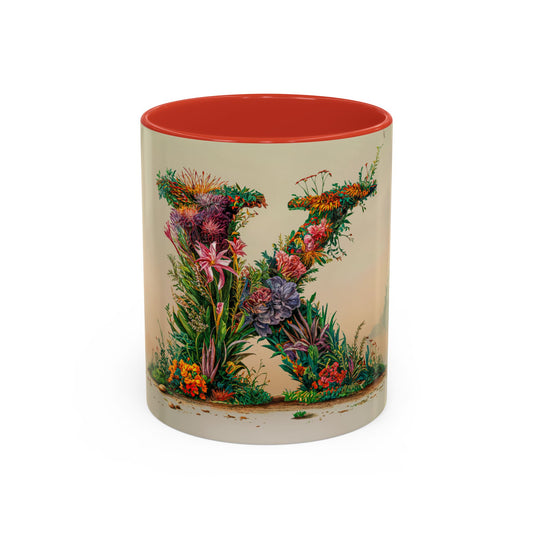 Mug with floral design and red interior on a beige background