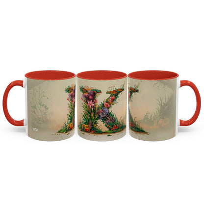 Three mugs with floral designs and red interiors on a white background