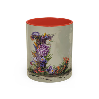 Mug with floral design and red interior on a beige background