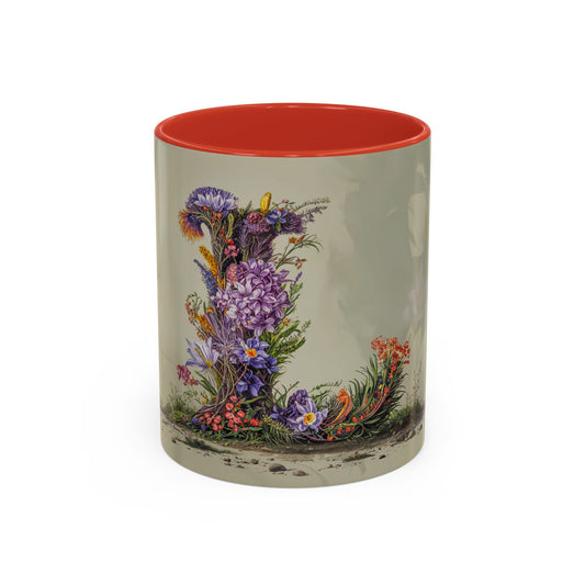 Mug with floral design and red interior on a beige background