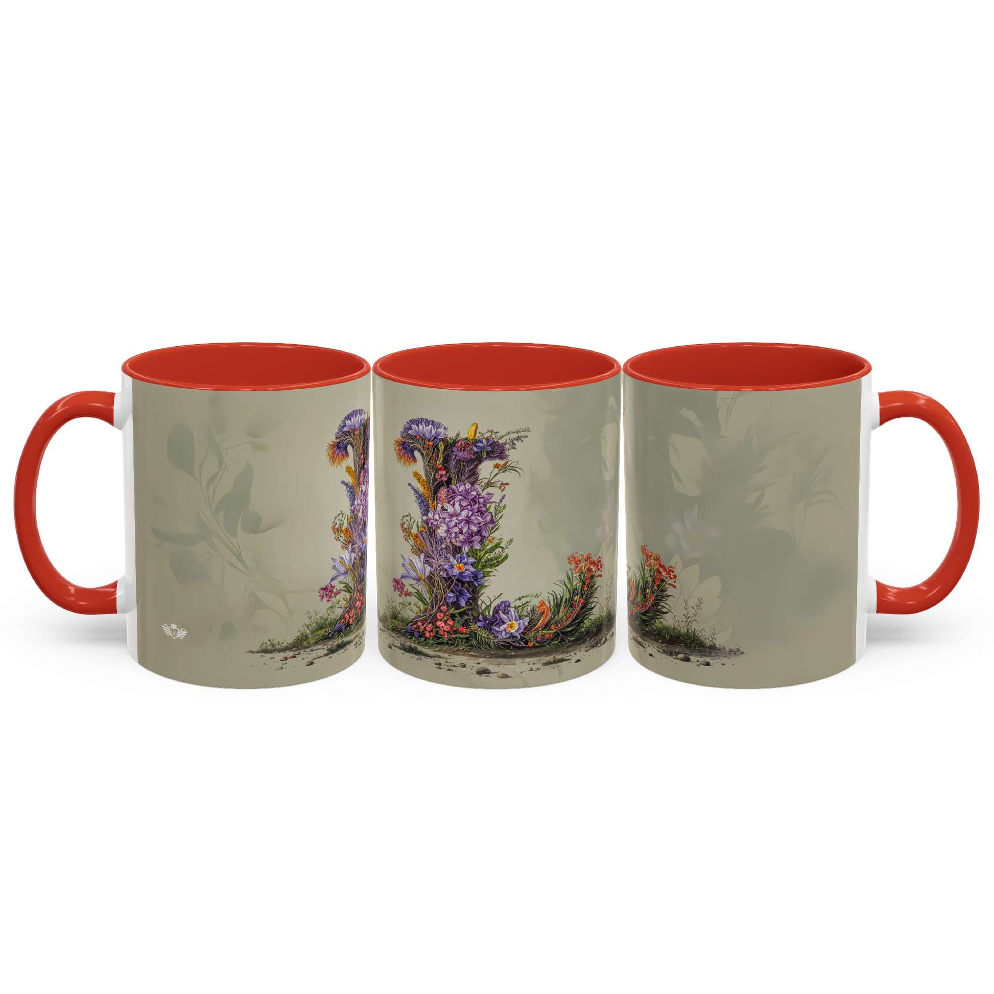 Three mugs with floral designs on a beige background