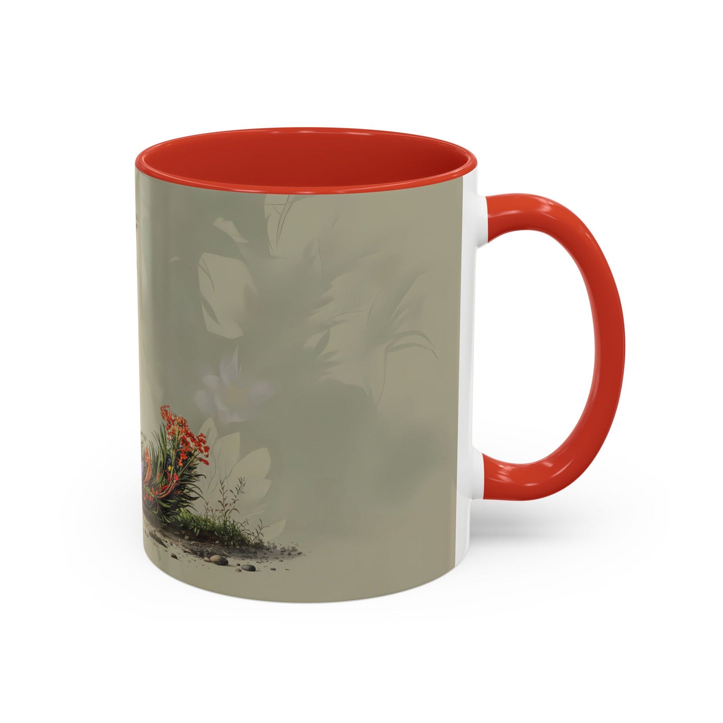 Mug with red interior and handle featuring a nature-themed design on a white background
