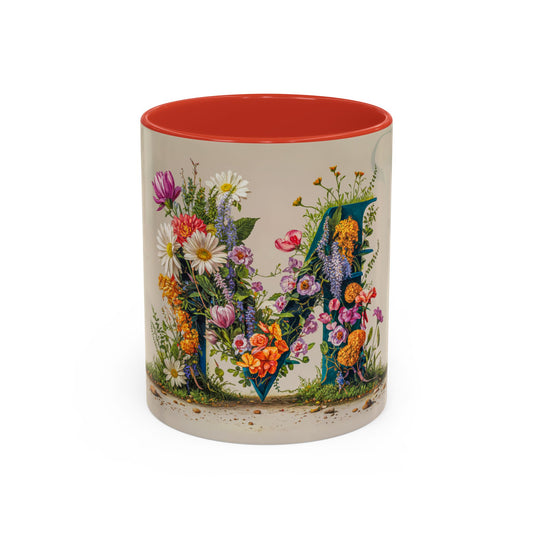 Mug with floral design and red interior on a white background