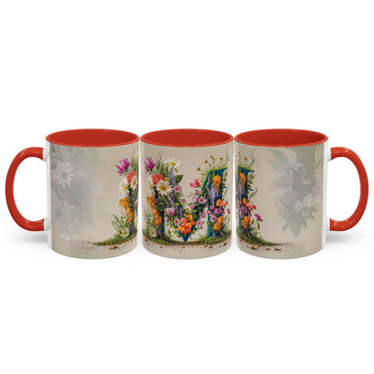 Three mugs with floral designs and red interiors on a white background