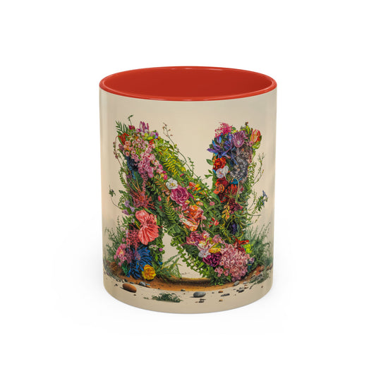 Mug with floral design and red interior on a white background