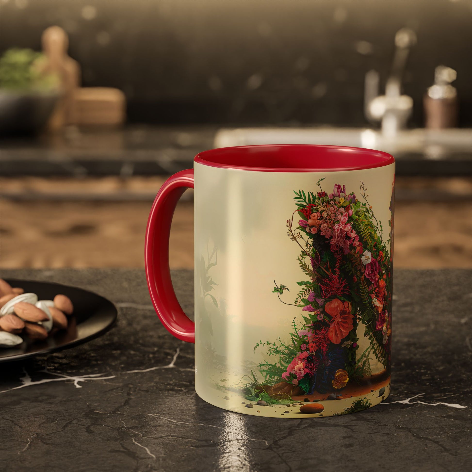 Mug with floral design and red interior on a kitchen counter
