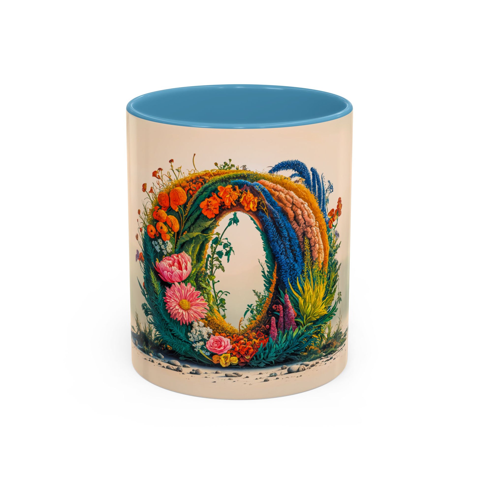Mug with floral design and blue interior on a white background