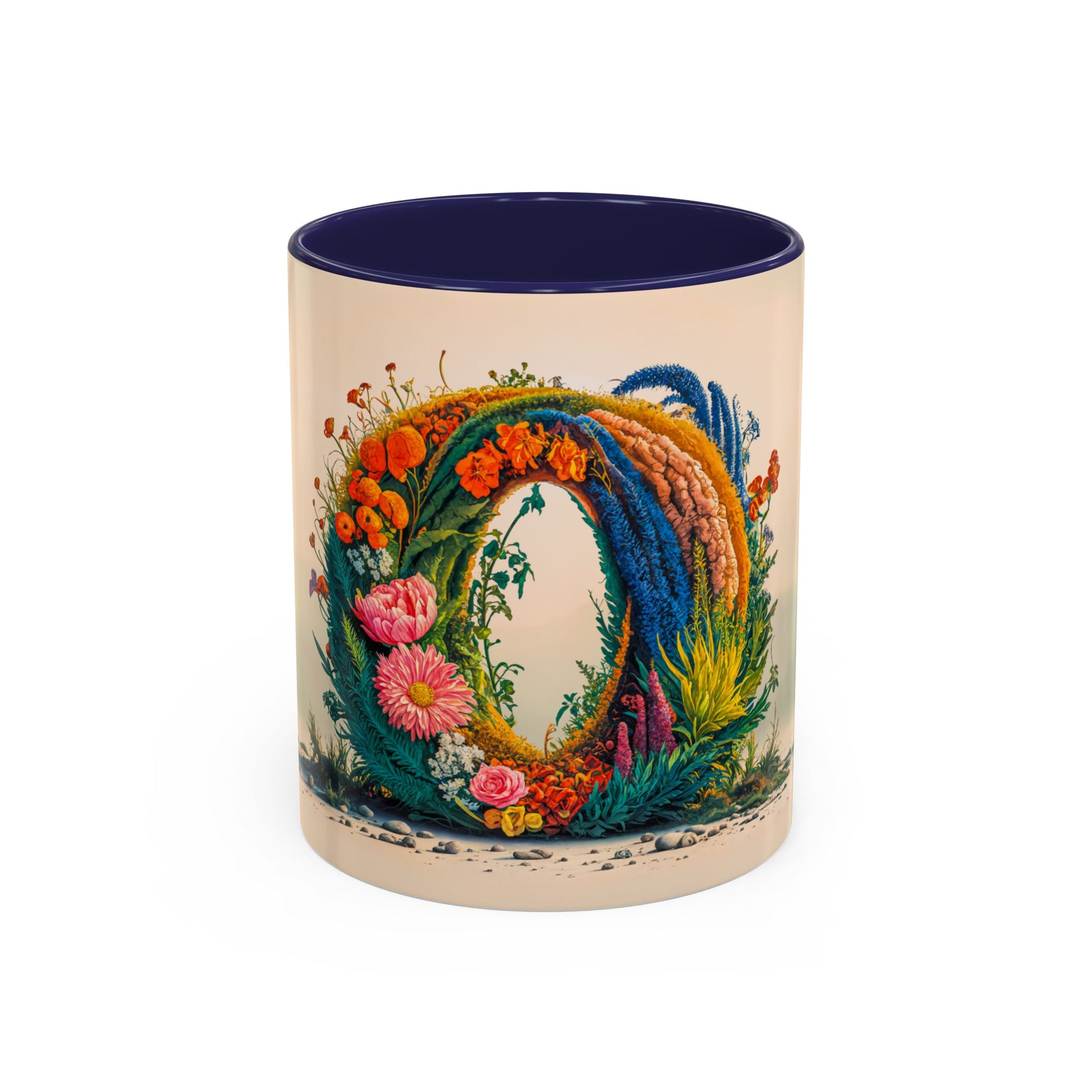 Mug with floral design and blue interior on a white background