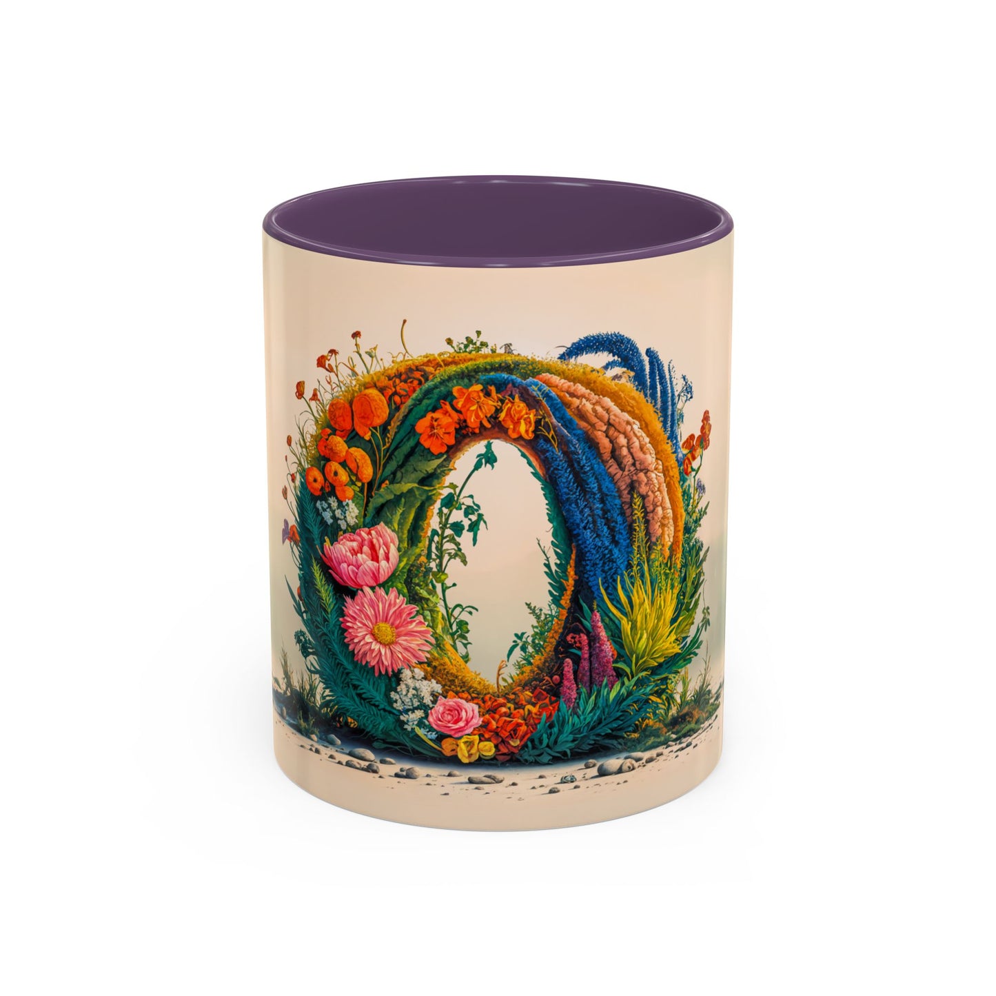 Decorative mug with floral design and purple interior on a white background