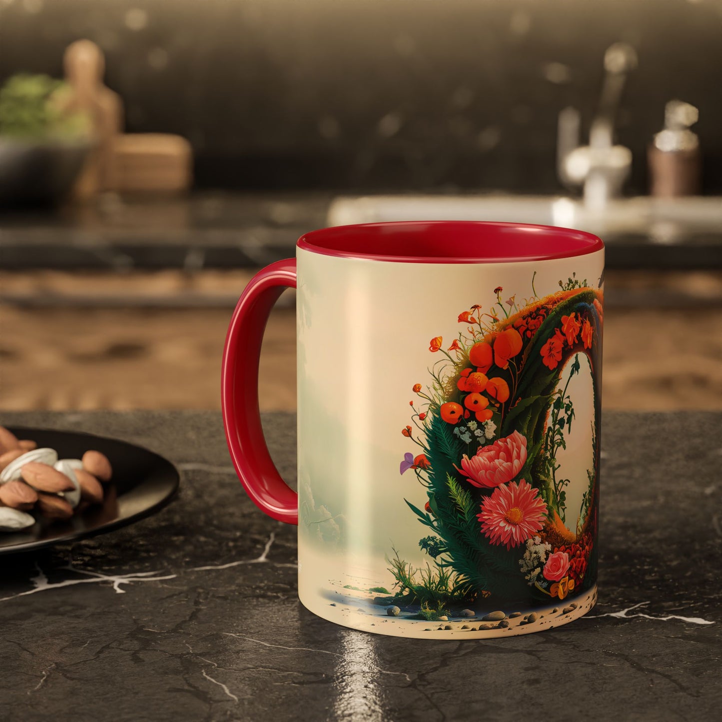Mug with floral design and red interior on a kitchen counter