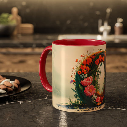Mug with floral design and red interior on a kitchen counter