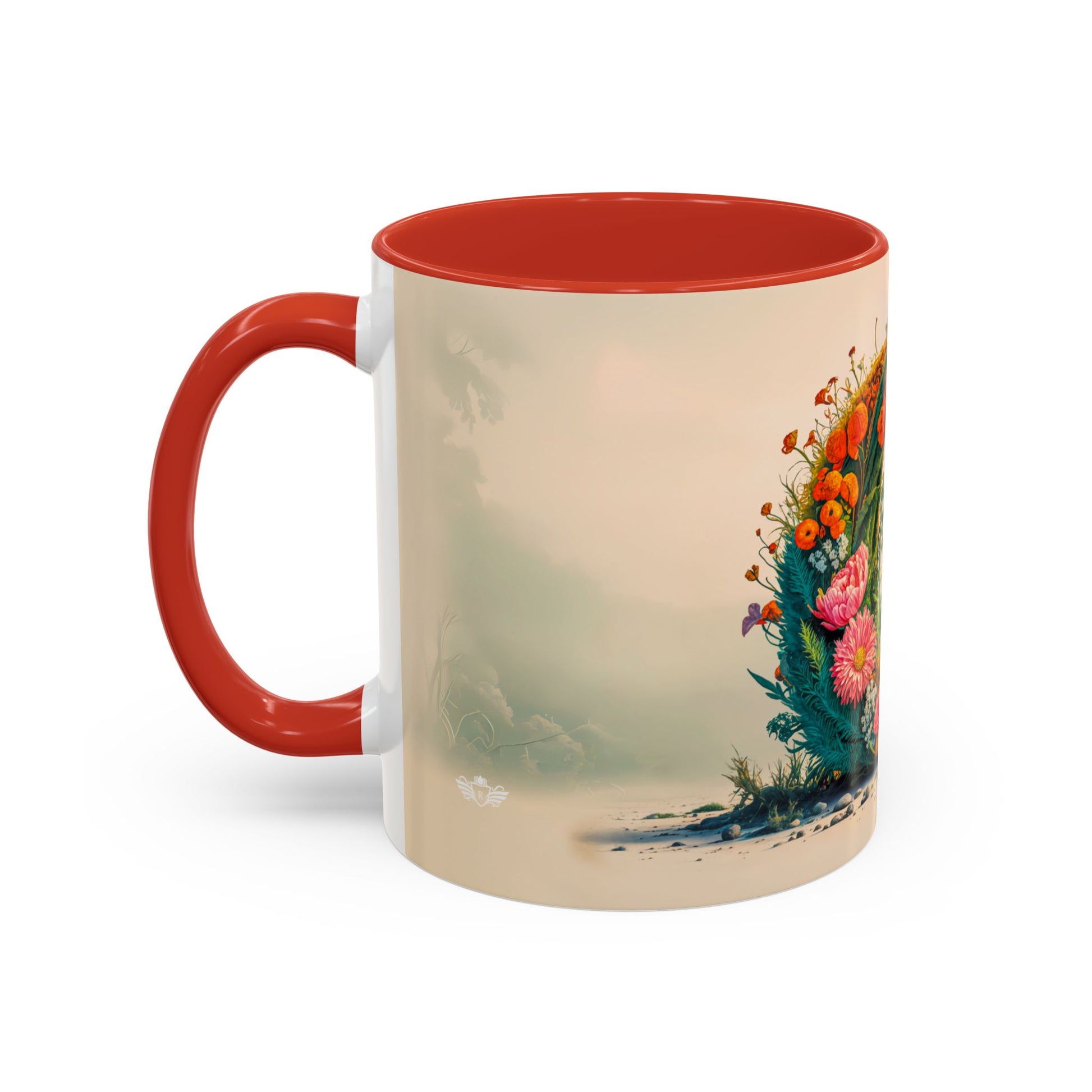 Mug with a floral  design and red handle on a white background