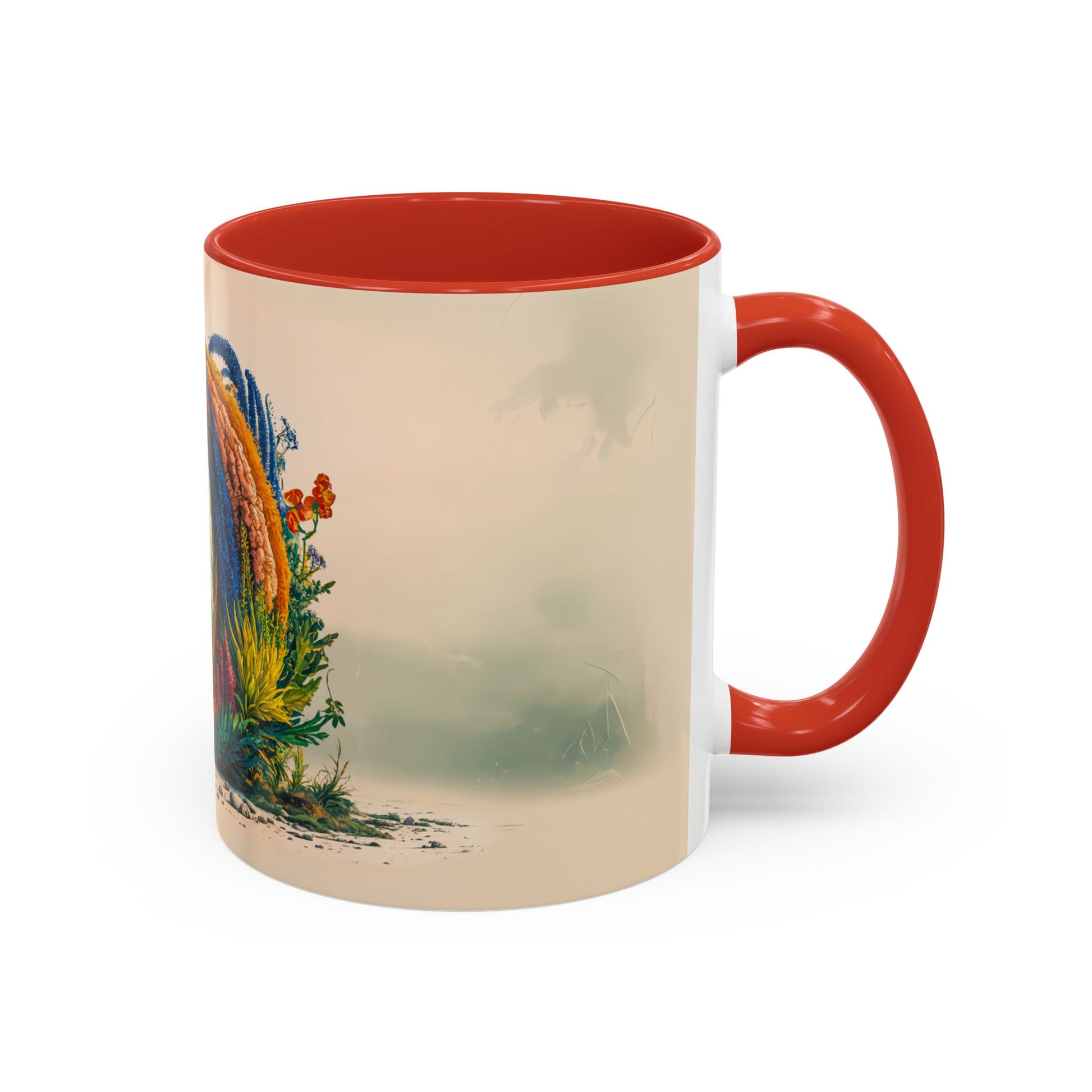 Mug with red interior and handle featuring a colorful design on a white background