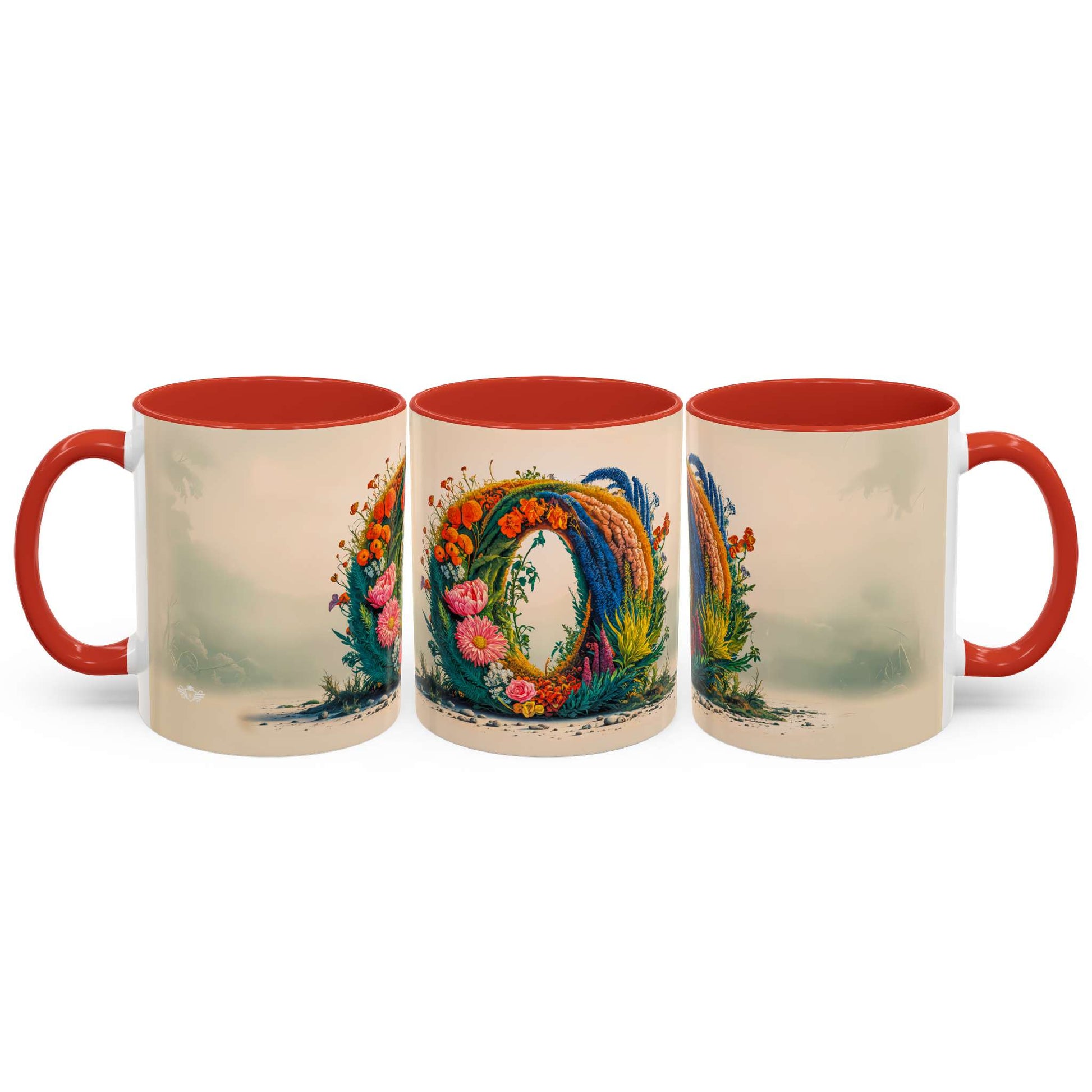 Three mugs with floral designs on a white background