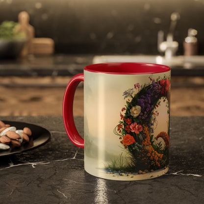 Mug with floral design and red handle on a kitchen counter