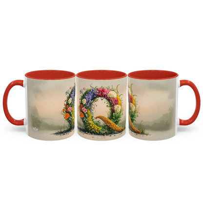 Three mugs with floral designs and red interiors on a white background