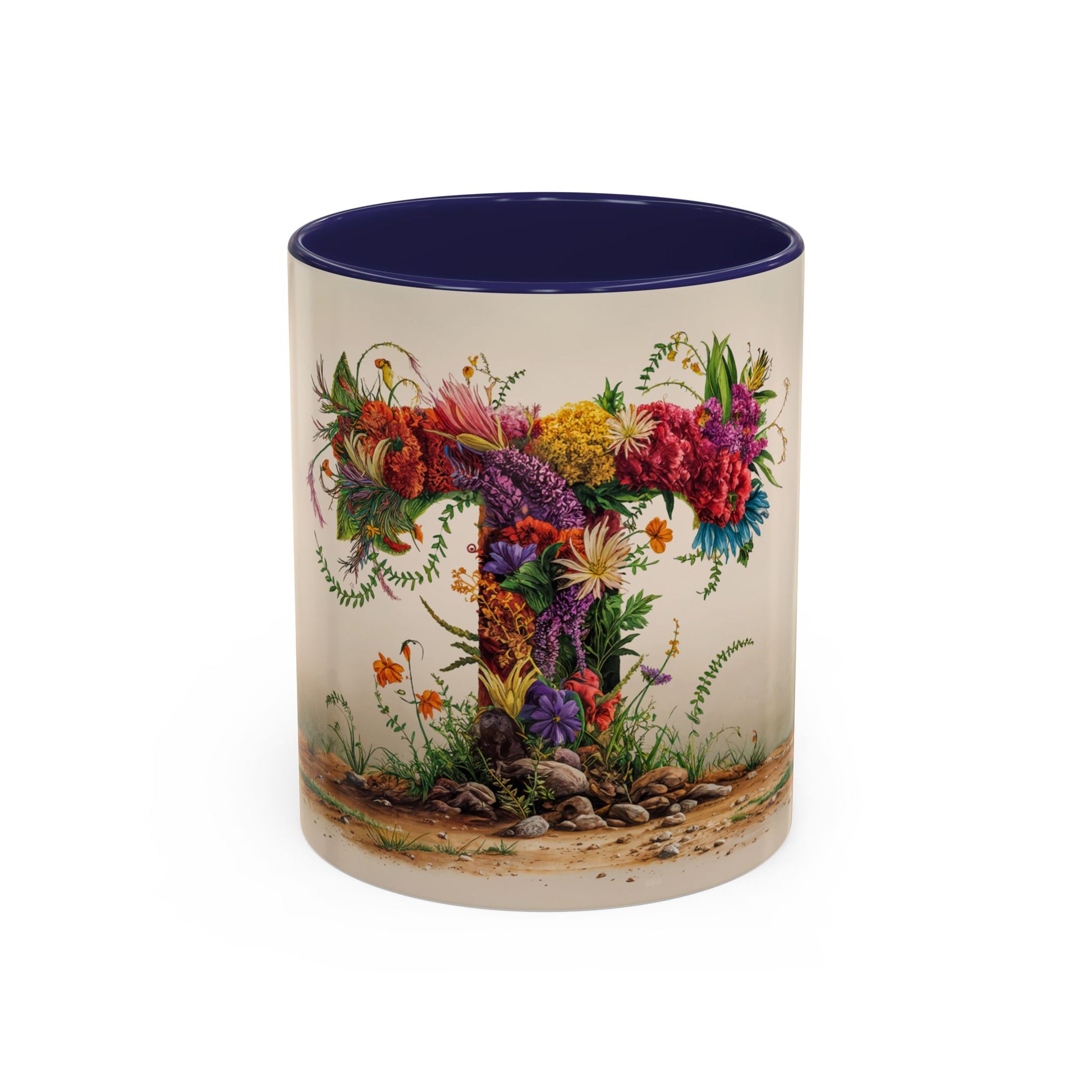 Mug with floral design and blue interior on a white background