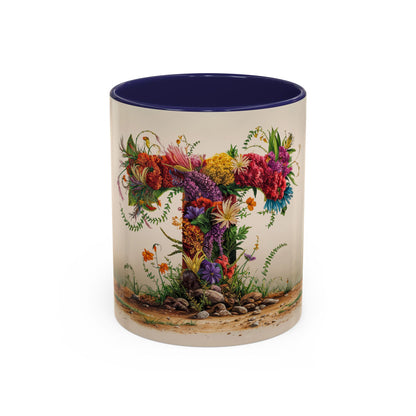 Mug with floral design and blue interior on a white background