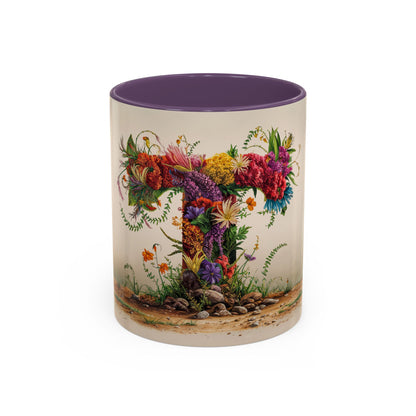 Mug with floral design and purple interior on a white background