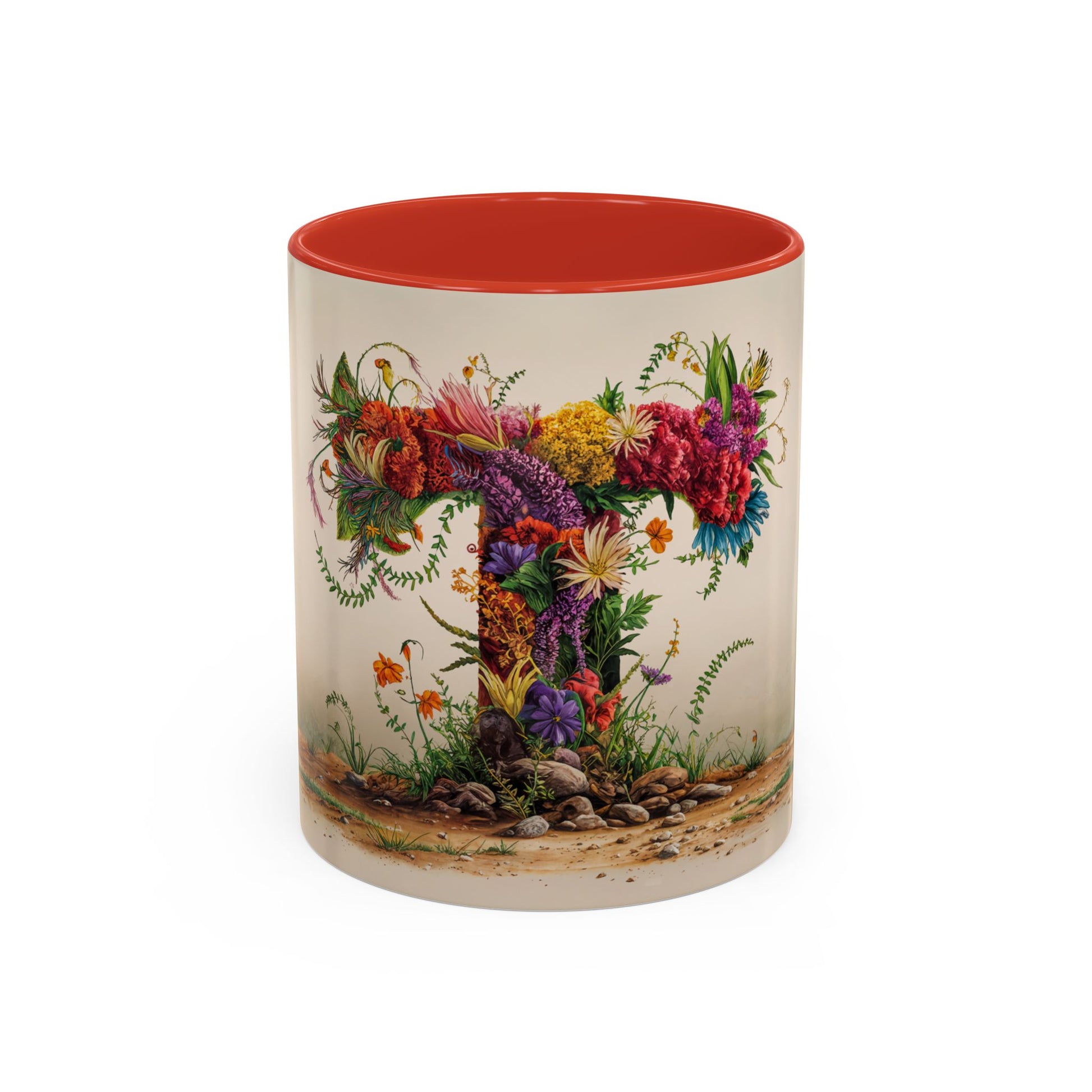 Mug with floral design and red interior on a white background