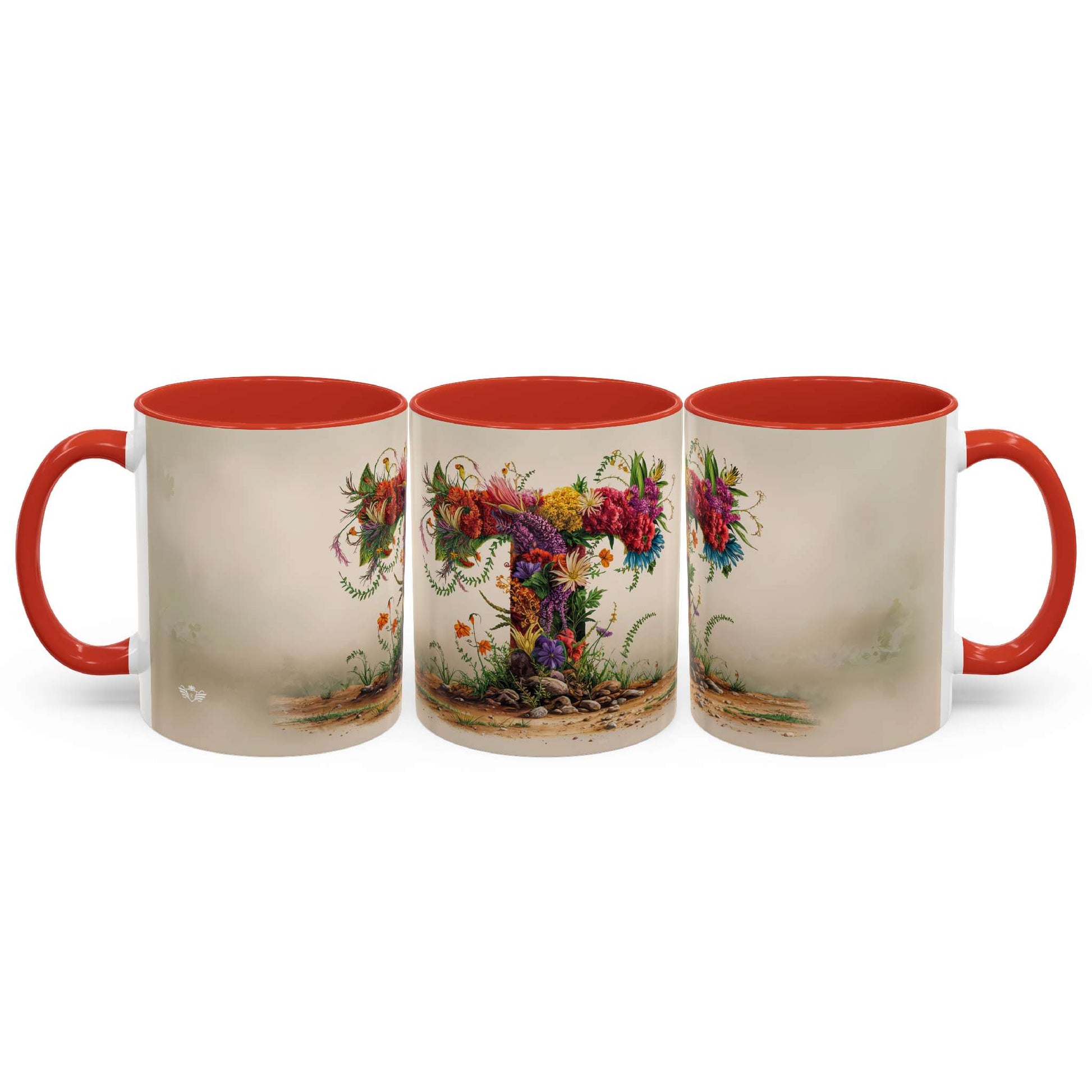 Three mugs with floral designs and red interiors on a white background