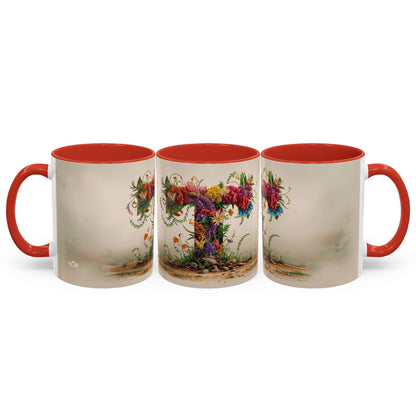 Three mugs with floral designs and red interiors on a white background