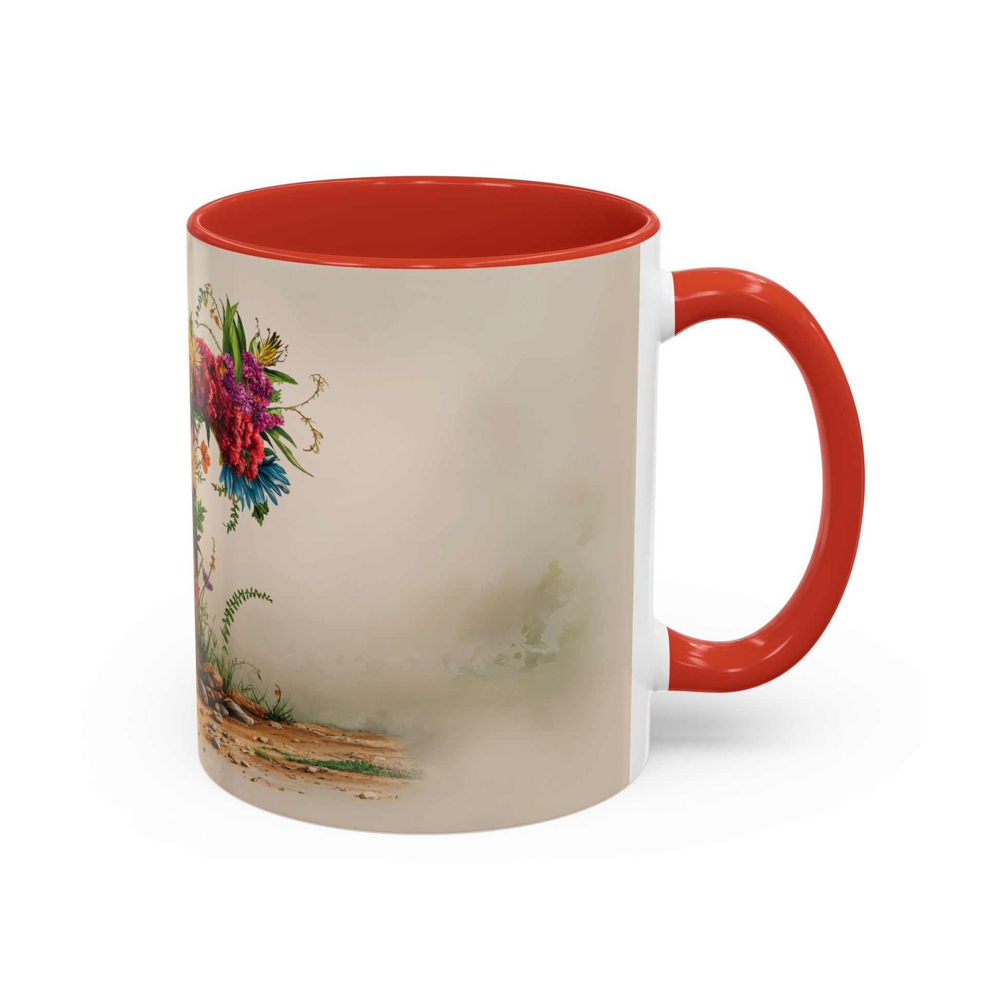 Mug with floral design and red interior and handle on a white background