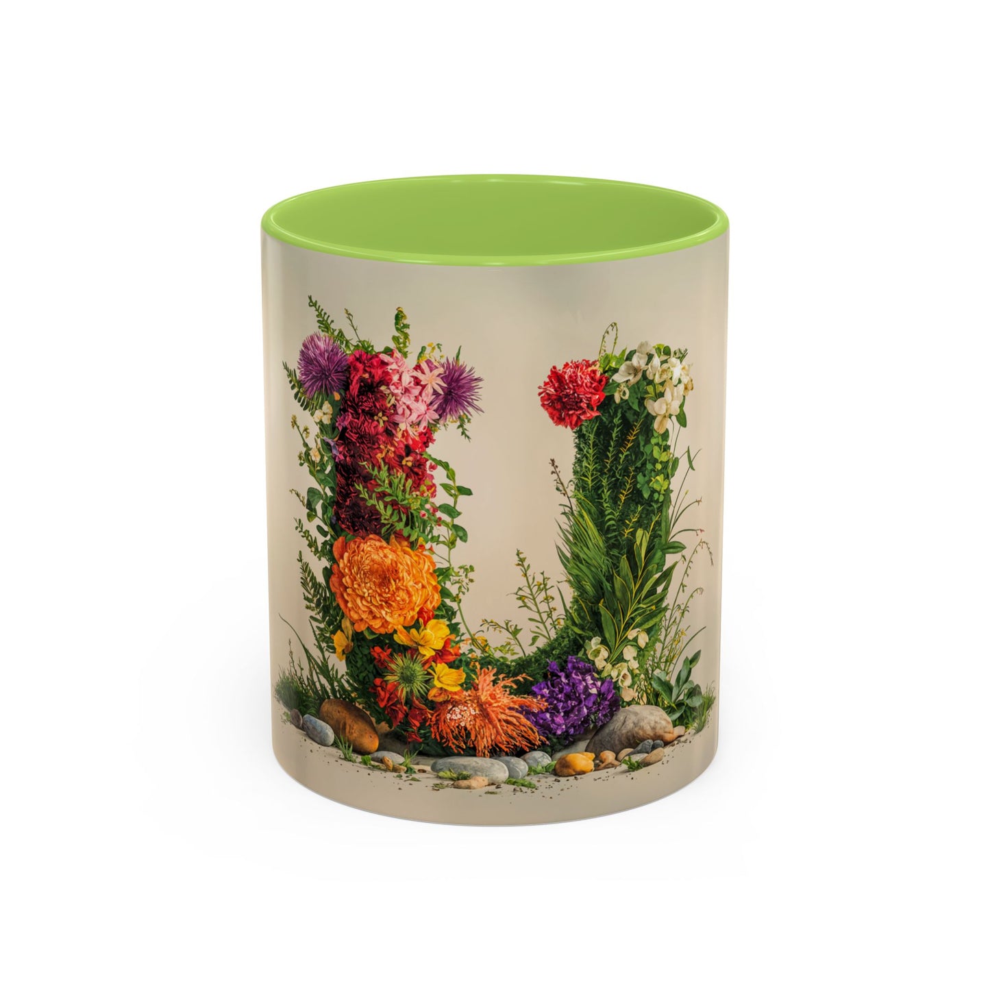 Mug with floral design and green interior on a white background