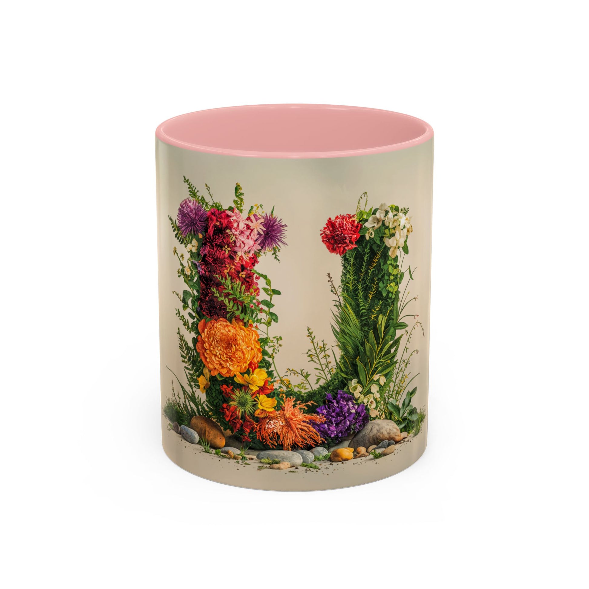 Mug with floral design and pink interior on a white background