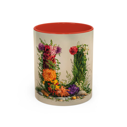 Mug with floral design and red interior on a white background