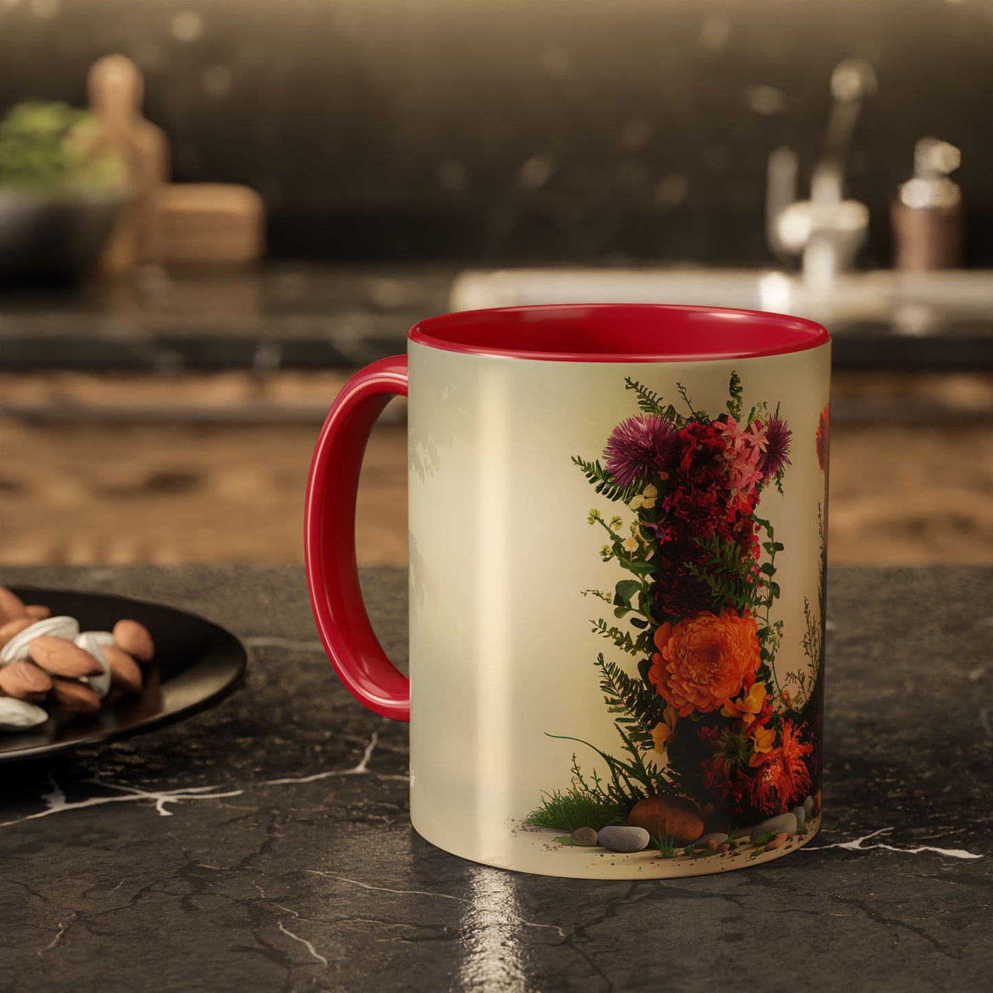 Mug with floral design and red interior on a kitchen counter