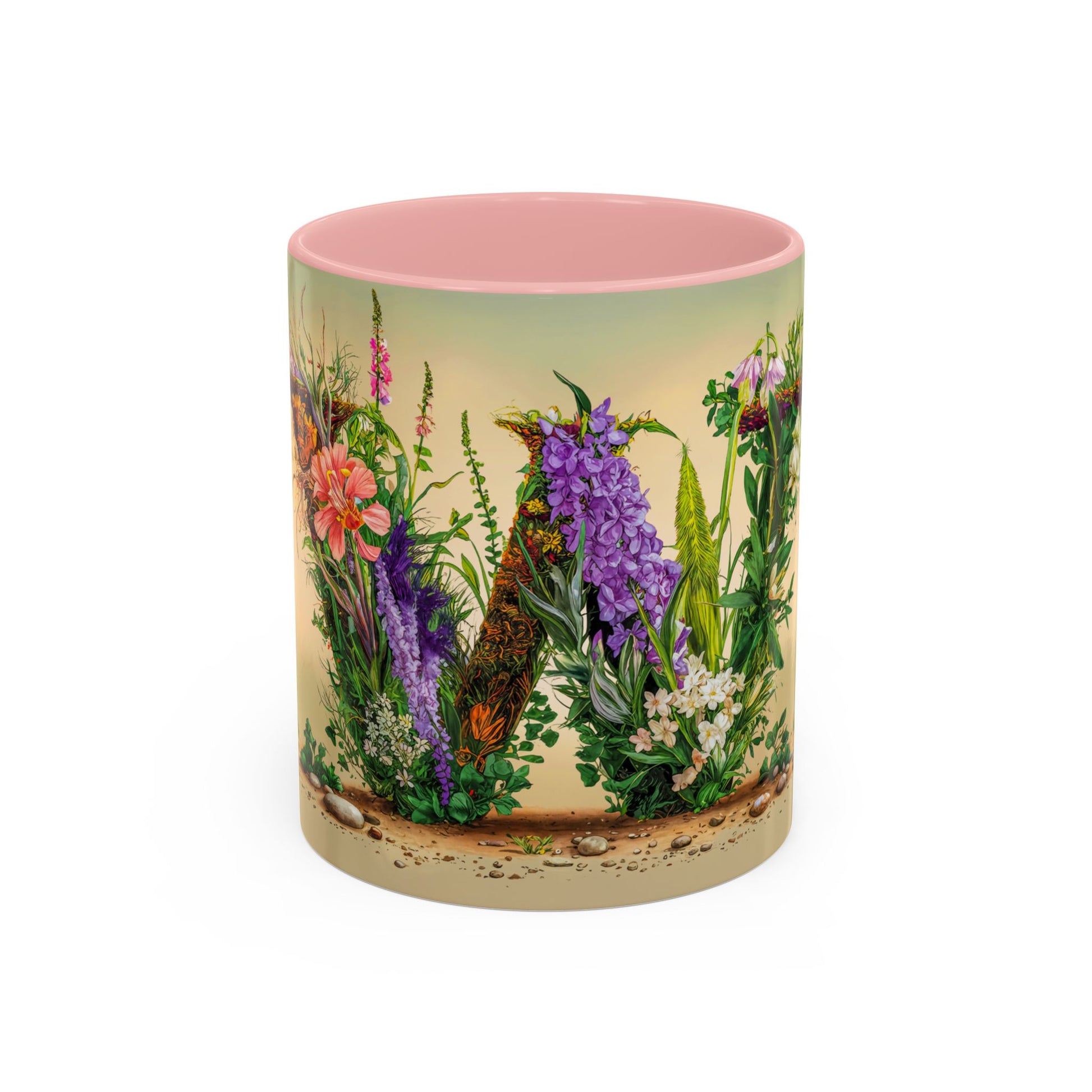 Mug with floral design and pink interior on a white background