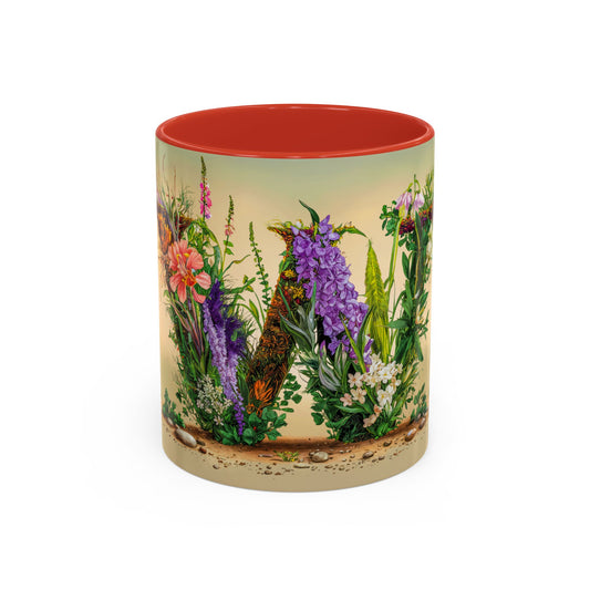 Mug with floral design and red interior on a white background