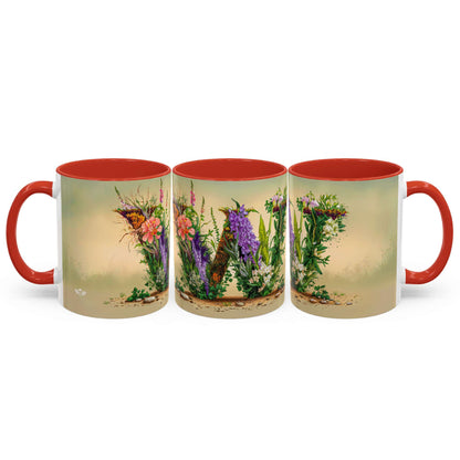 Three mugs with floral designs and red handles on a white background
