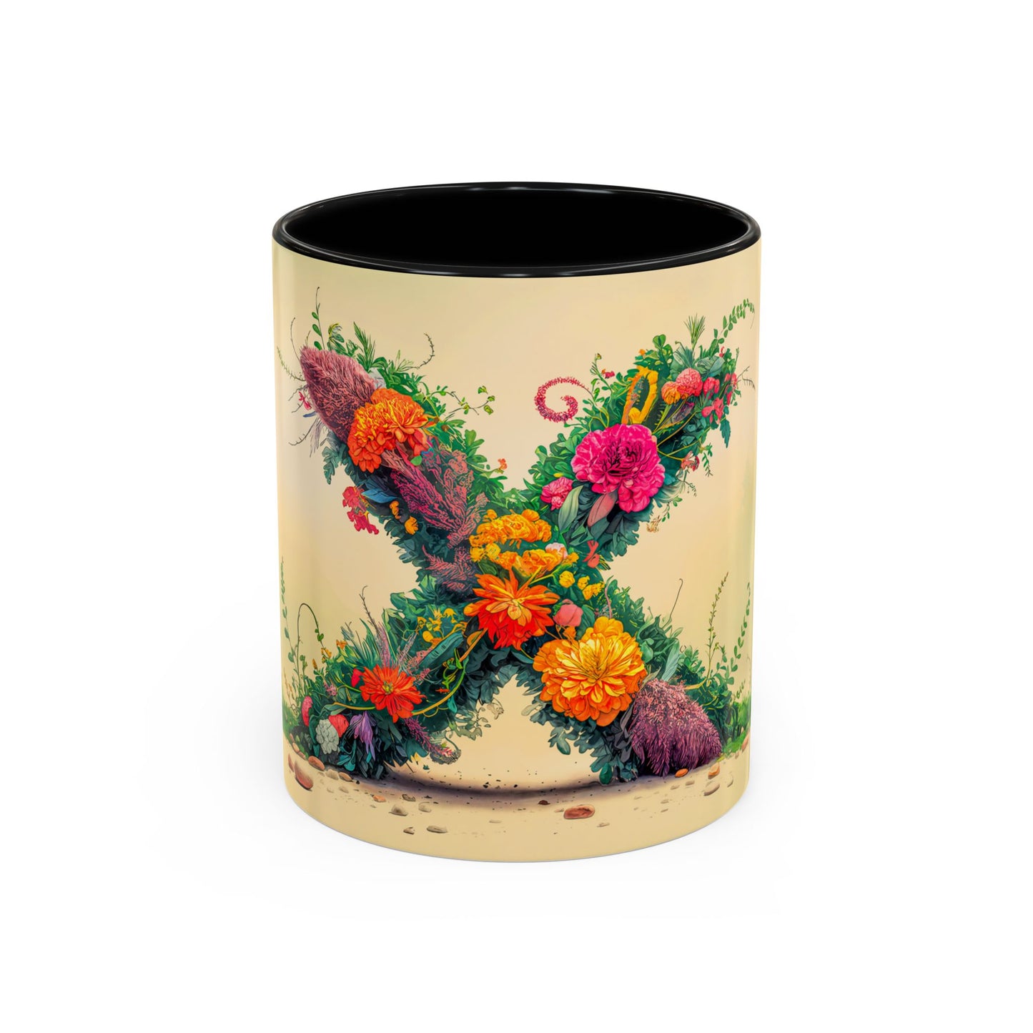 Mug with floral design and letter 'X' on a beige background