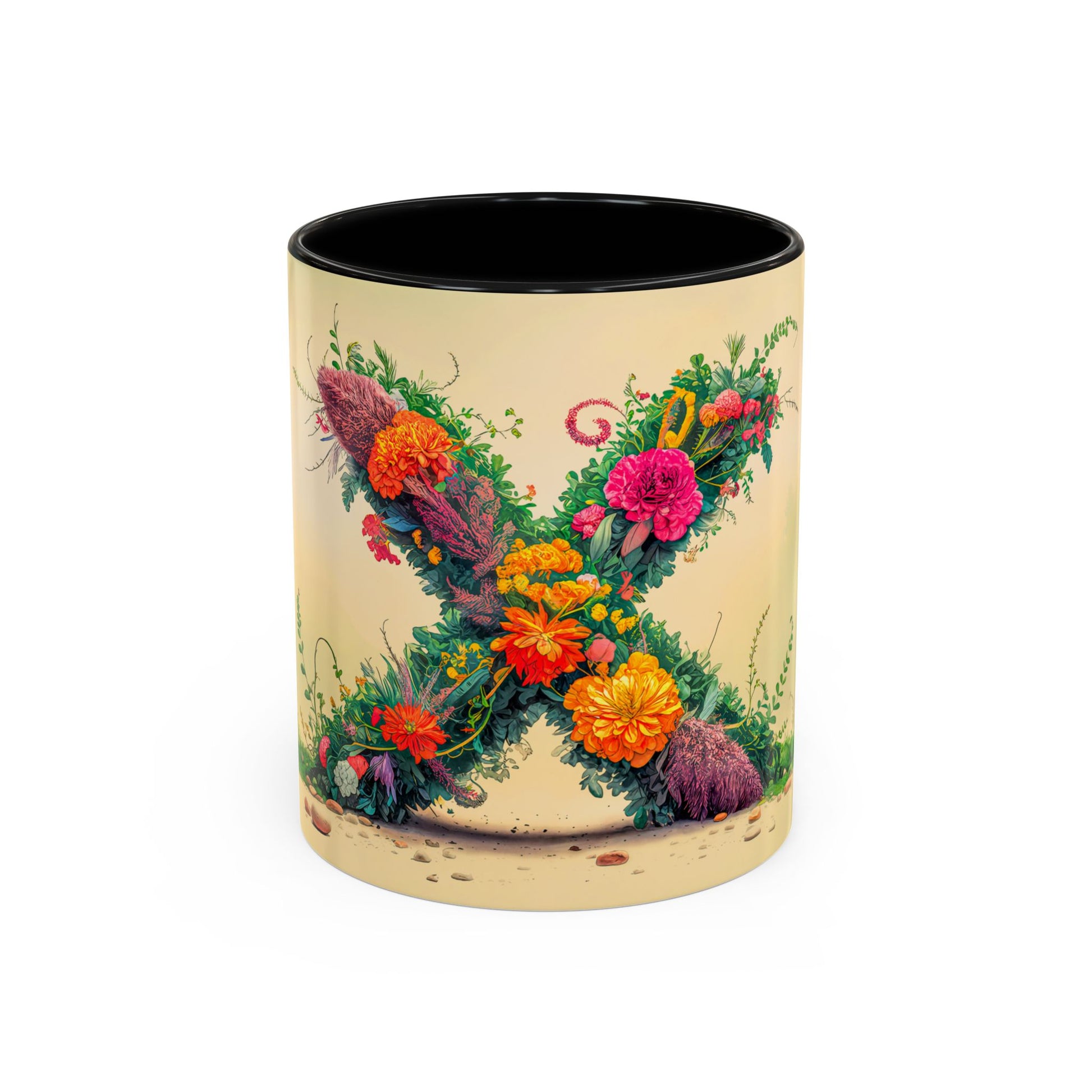 Mug with floral design and letter 'X' on a beige background