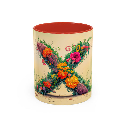 Mug with floral design and red interior on a beige background