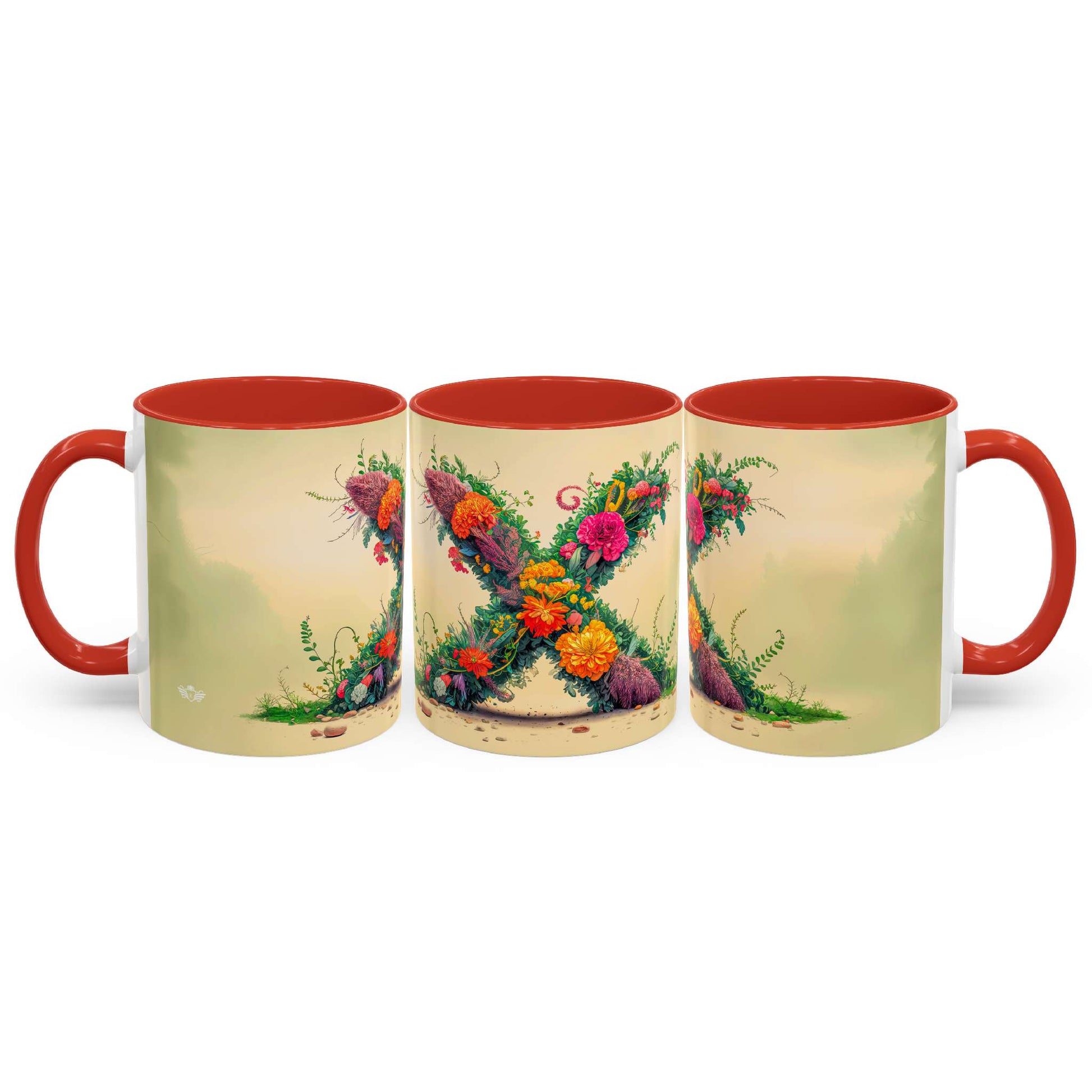 Three mugs with floral design and red handles on a white background