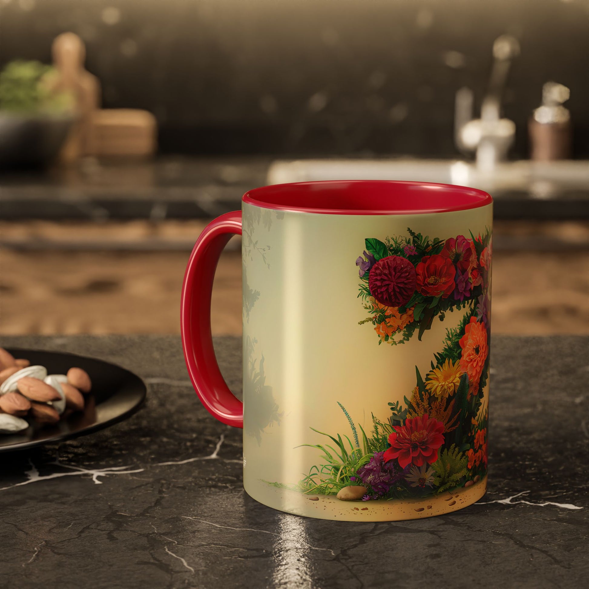 Mug with floral design and red handle on a kitchen counter