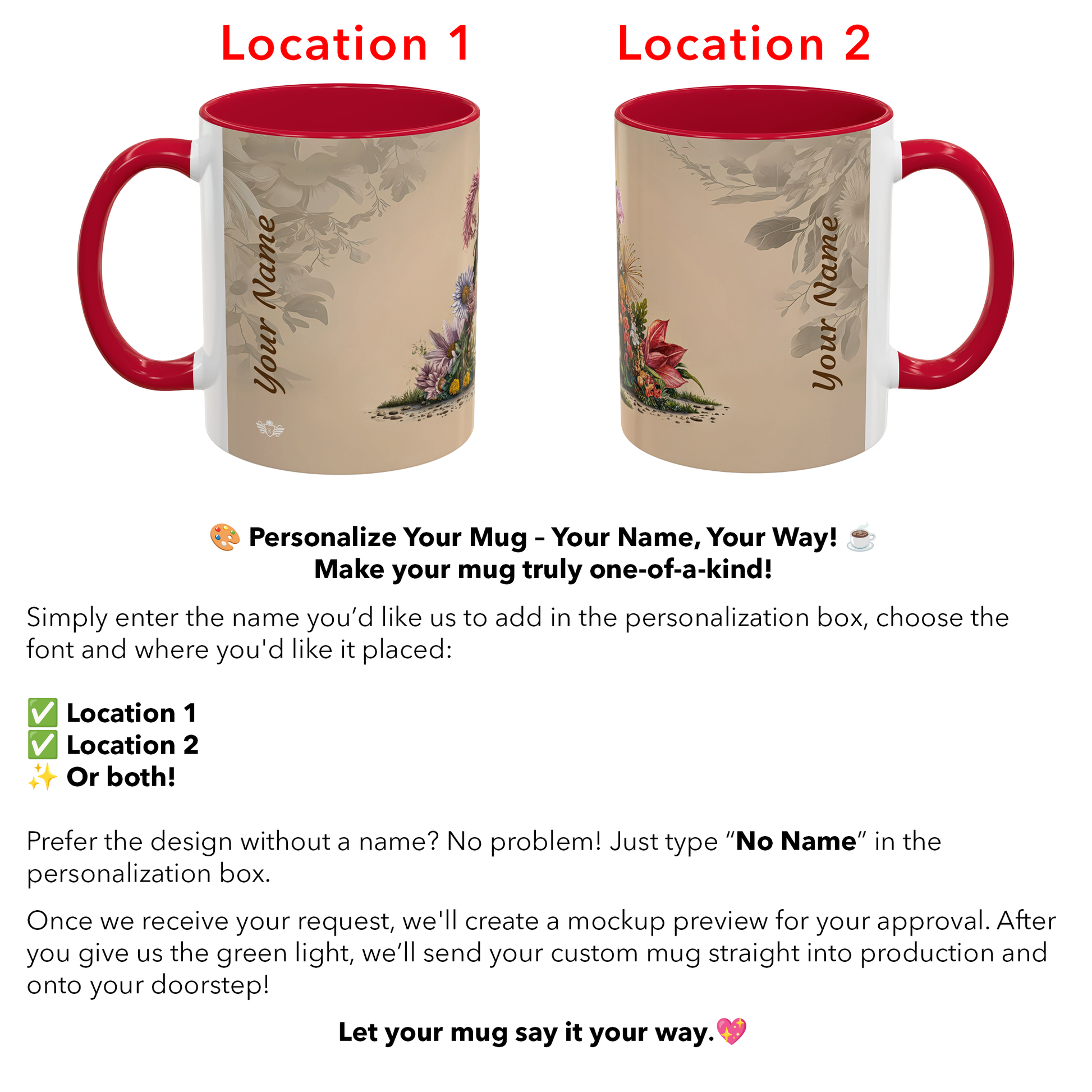 Two mugs with red handles and floral designs on a beige background, with text for personalization.