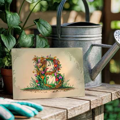 Floral letter 'B' card on a wooden surface with a watering can and gloves in the background.