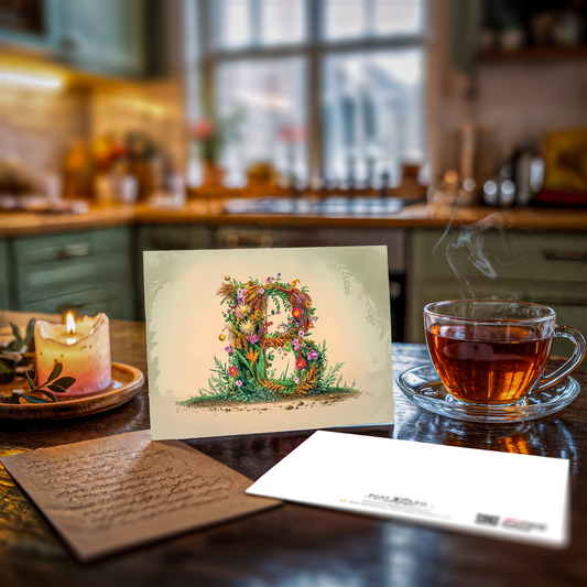 Card with floral letter 'B' design on a kitchen counter with a cup of tea and candle.