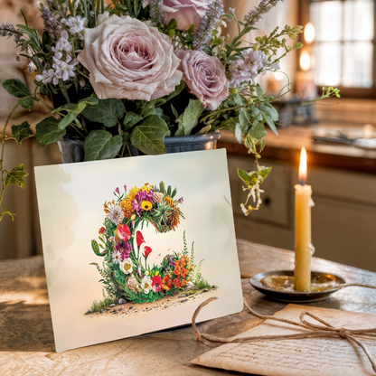 Floral arrangement with a candle and decorative card with floral letter C on a table.