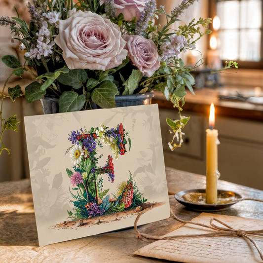 Floral arrangement with a card featuring a decorative letter E on a wooden table.