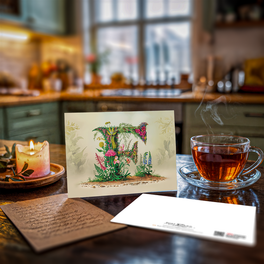 Tea cup with steam, greeting card with floral design letter F, and candle on a kitchen counter.