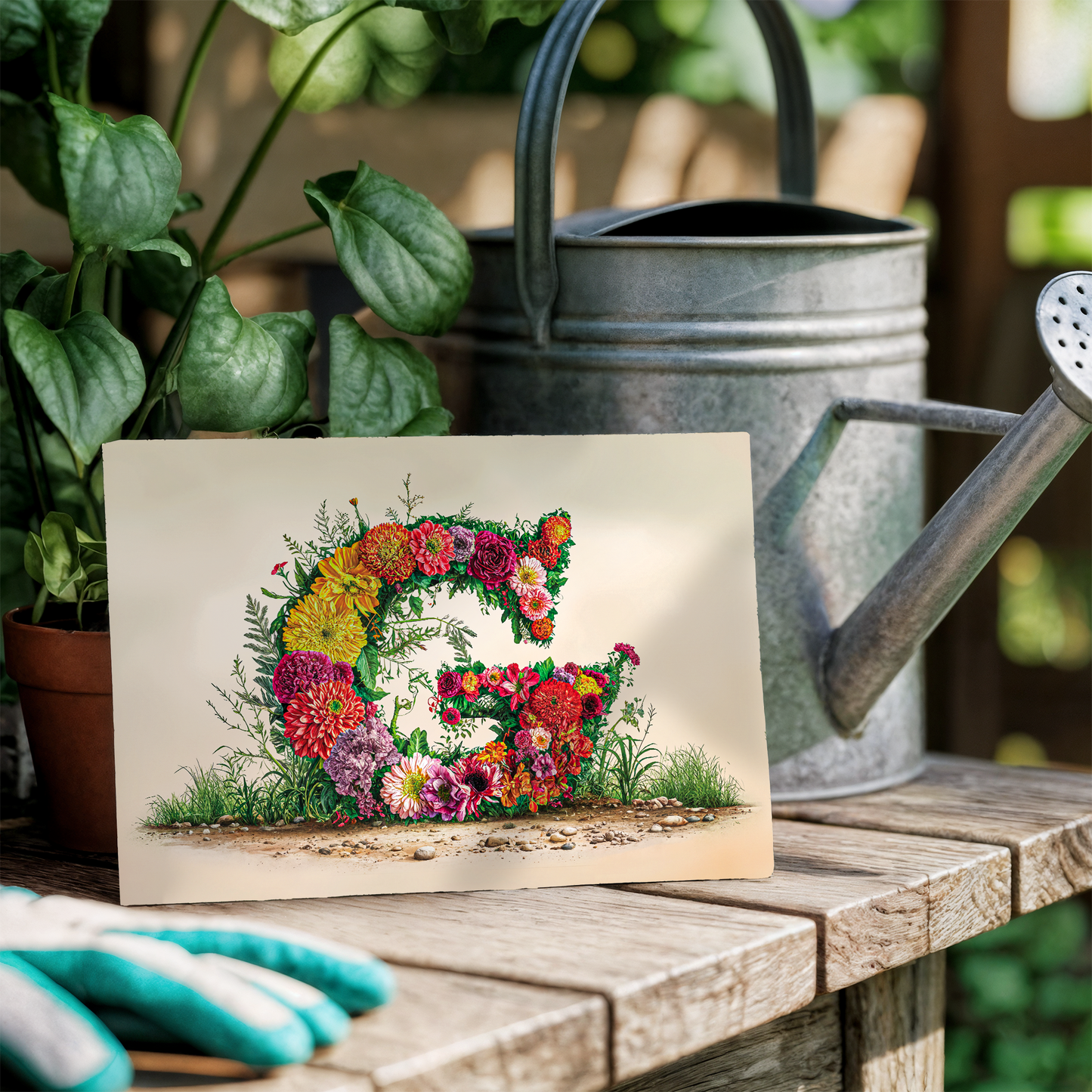Floral letter 'G' on a card with gardening tools and plants in the background